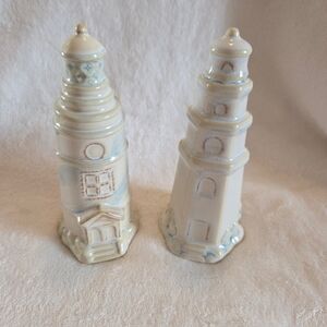 Coastal Glazed Ceramic Lighthouse Salt & Pepper Shaker Set Nautical Beach Decor